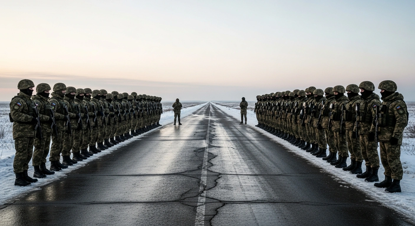 A group of Russian and Ukrainian prisoners of war prepare for a large-scale exchange at a border crossing during the ongoing conflict.