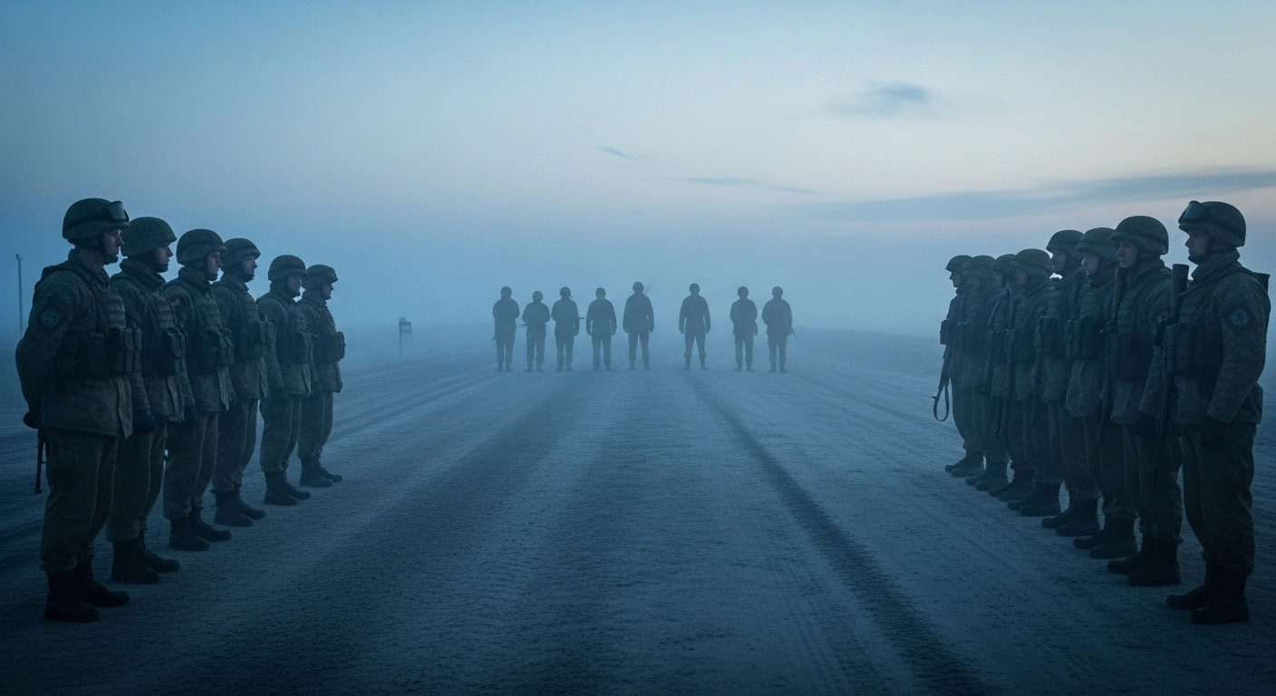 Russian and Ukrainian soldiers stand on opposite sides of a neutral border during a prisoner-of-war exchange operation.