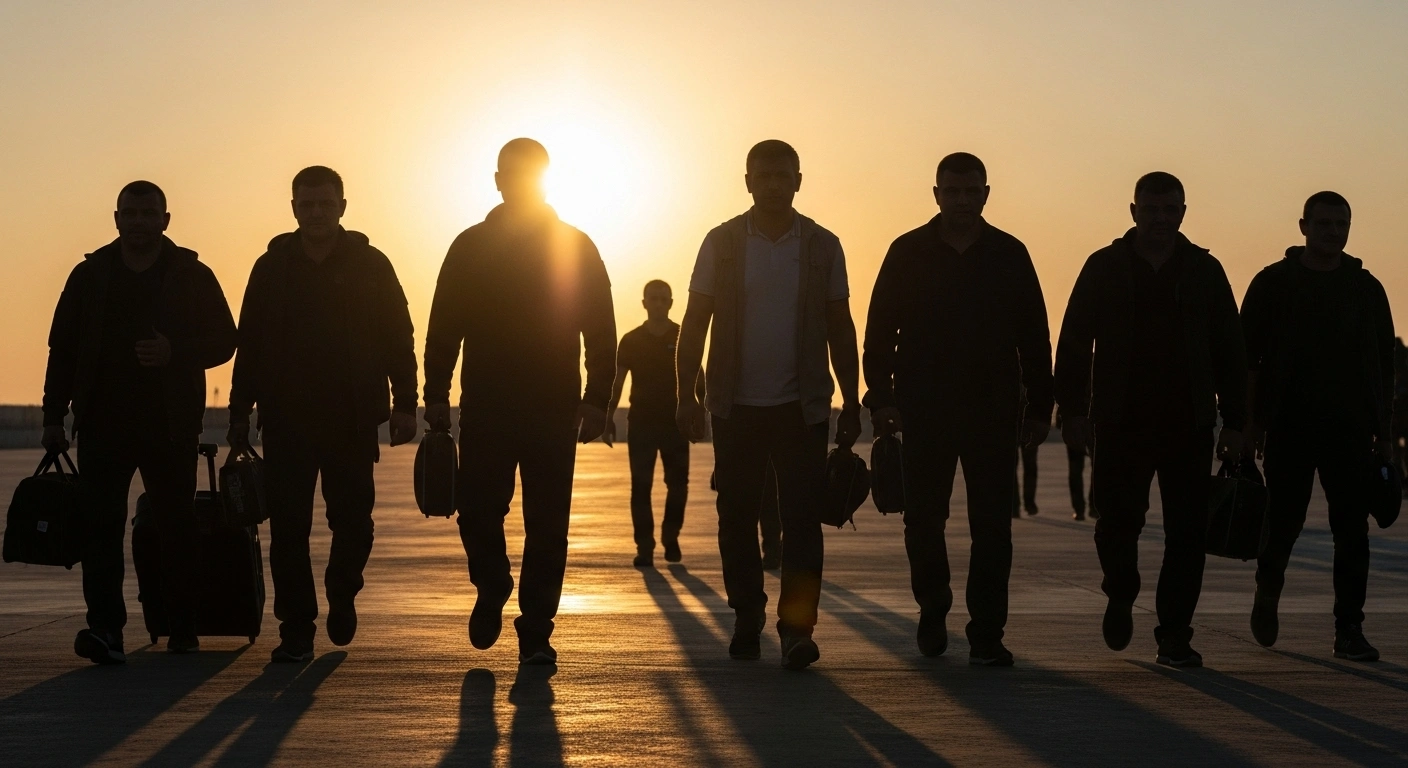 A group of repatriated Ukrainian prisoners of war and civilians walk towards a welcoming crowd at sunset, symbolizing a significant prisoner exchange between Russia and Ukraine.