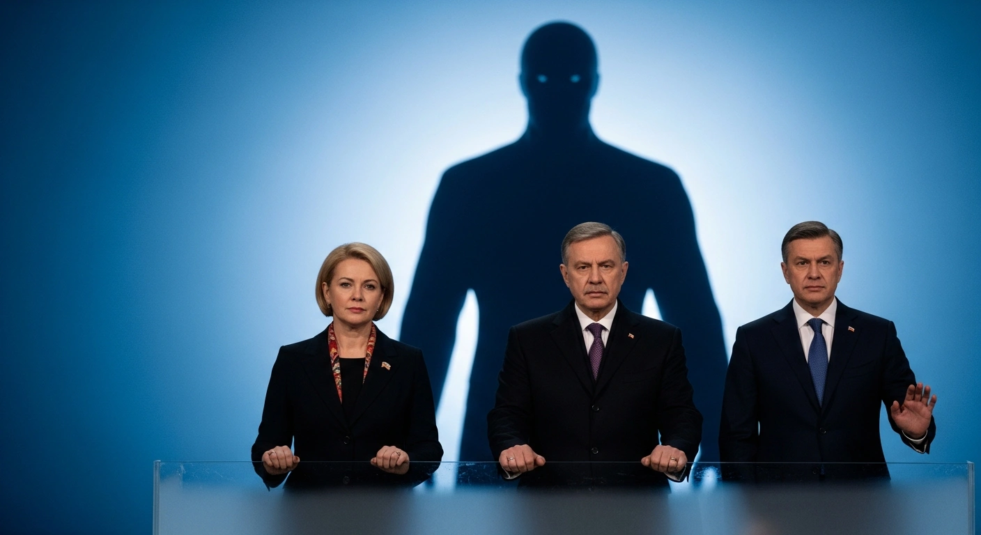 A powerful, silhouetted figure casts a long shadow over three distinguished Ukrainian government officials, including Prime Minister Yulia Svyrydenko, Finance Minister Sergii Marchenko, and Economy Minister Oleksii Sobolev, symbolizing Russia's asset freezes and sanctions.