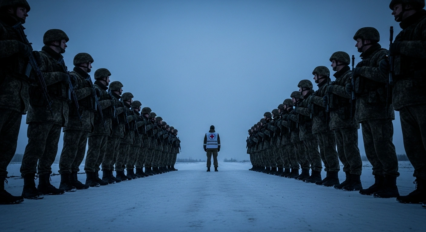 A wide, low-angle shot depicts a desolate, snow-dusted border crossing at twilight, where somber military personnel from Russia and Ukraine, overseen by a representative of the International Committee of the Red Cross, conduct an exchange of fallen soldiers' remains.