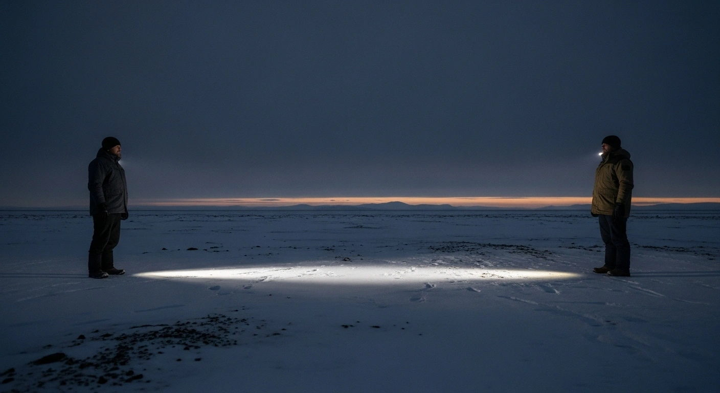A wide shot depicts two figures with their backs partially turned to each other on a snow-dusted Alaskan plain under a twilight sky, symbolizing the contradictory statements from Russian officials regarding the outcome of the 2025 Alaska summit between President Vladimir Putin and US President Donald Trump on the Ukraine war.