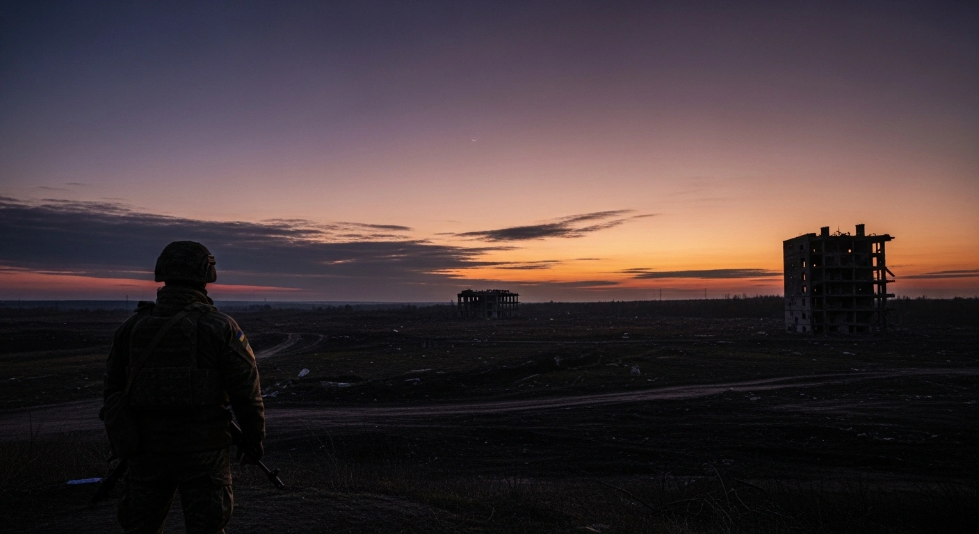 A wide, low-angle shot depicts a desolate, war-torn Ukrainian landscape at dusk, with a silhouetted figure in the foreground gazing at the vast, scarred expanse, symbolizing Russia's significant territorial advances and a challenging year for Ukrainian forces.