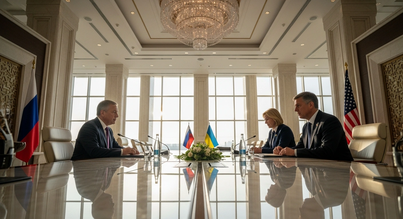 Three high-level officials, representing Russia, Ukraine, and the United States, are seated at a large, polished conference table in an opulent Abu Dhabi meeting room, engaged in tense trilateral talks concerning the ongoing conflict and territorial disputes.