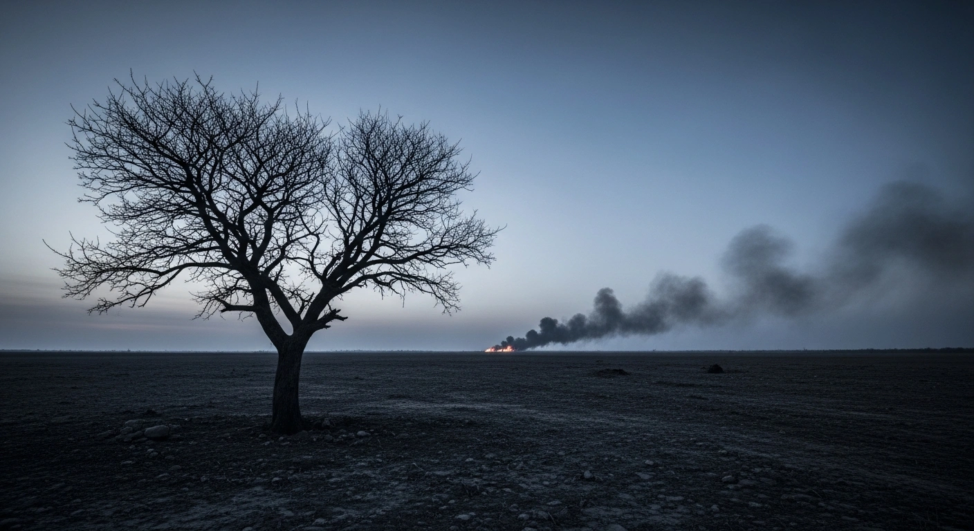 A desolate, snow-dusted landscape featuring a gnarled, leafless tree in the foreground and a smoldering horizon under a twilight sky, symbolizing the prolonged Russia-Ukraine conflict and its profound human, economic, and geopolitical toll.
