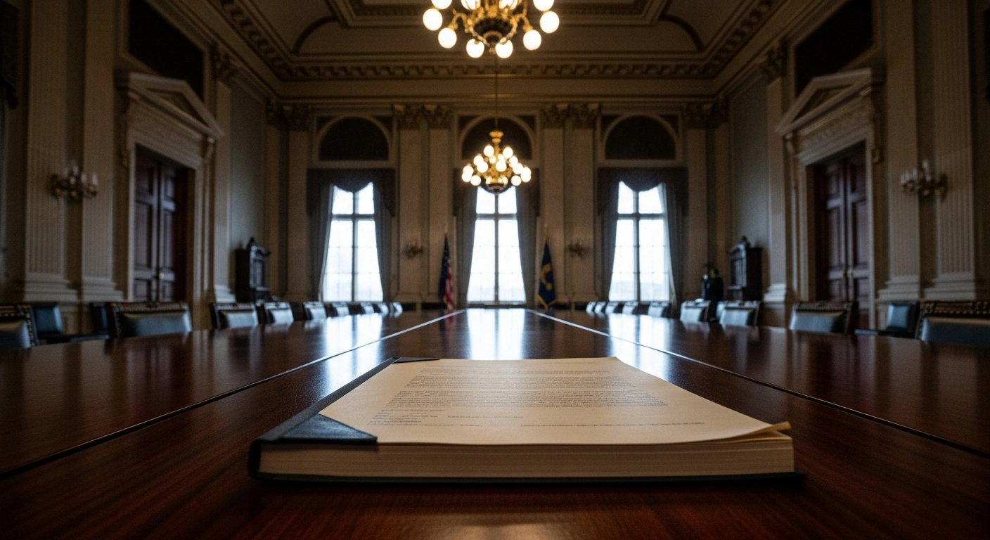 A dimly lit, opulent room features a large mahogany table with a single, sealed diplomatic document, symbolizing Russia's unreviewed US peace plan for Ukraine amidst ongoing diplomatic hurdles.