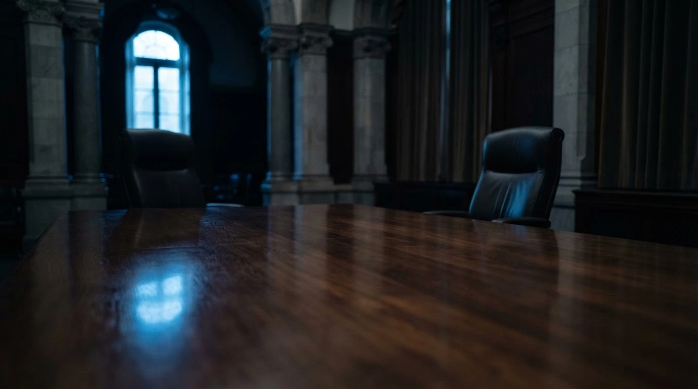 Two empty leather chairs face each other across a boardroom table, representing the cautious diplomatic stance between Russian and U.S. leadership.