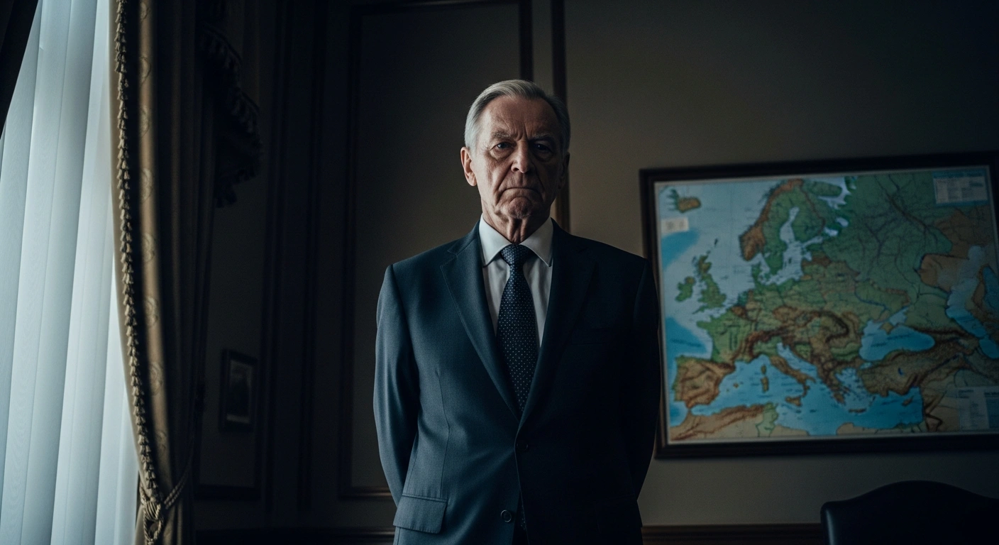 A stern Russian diplomat stands in a dimly lit office, reflecting the breakdown of diplomatic relations between Russia and the United States regarding the conflict in Ukraine.