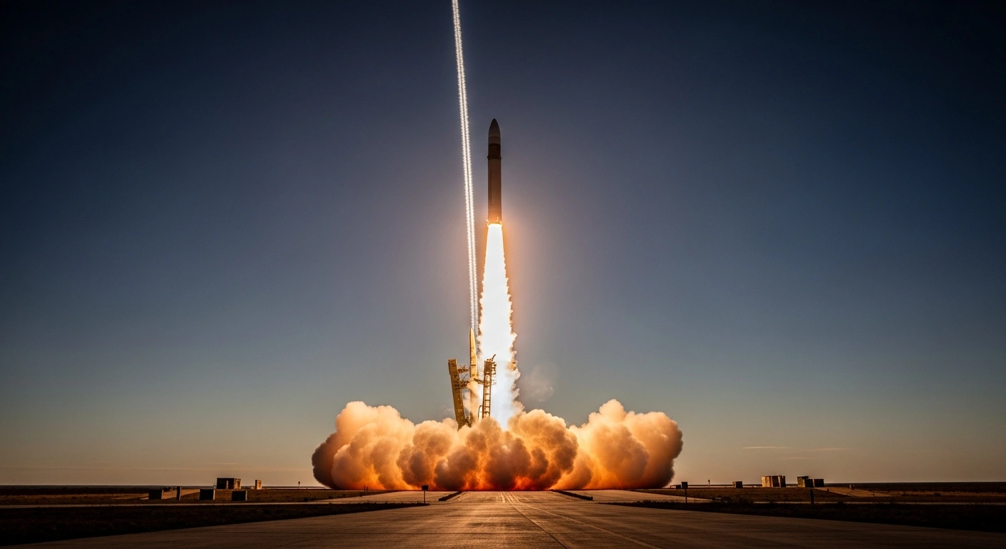 A powerful intercontinental ballistic missile launches into a twilight sky, its fiery exhaust plume illuminating the desolate launch site, representing the recent Yars and Minuteman III ICBM tests conducted by Russia and the United States amidst escalating nuclear rhetoric.