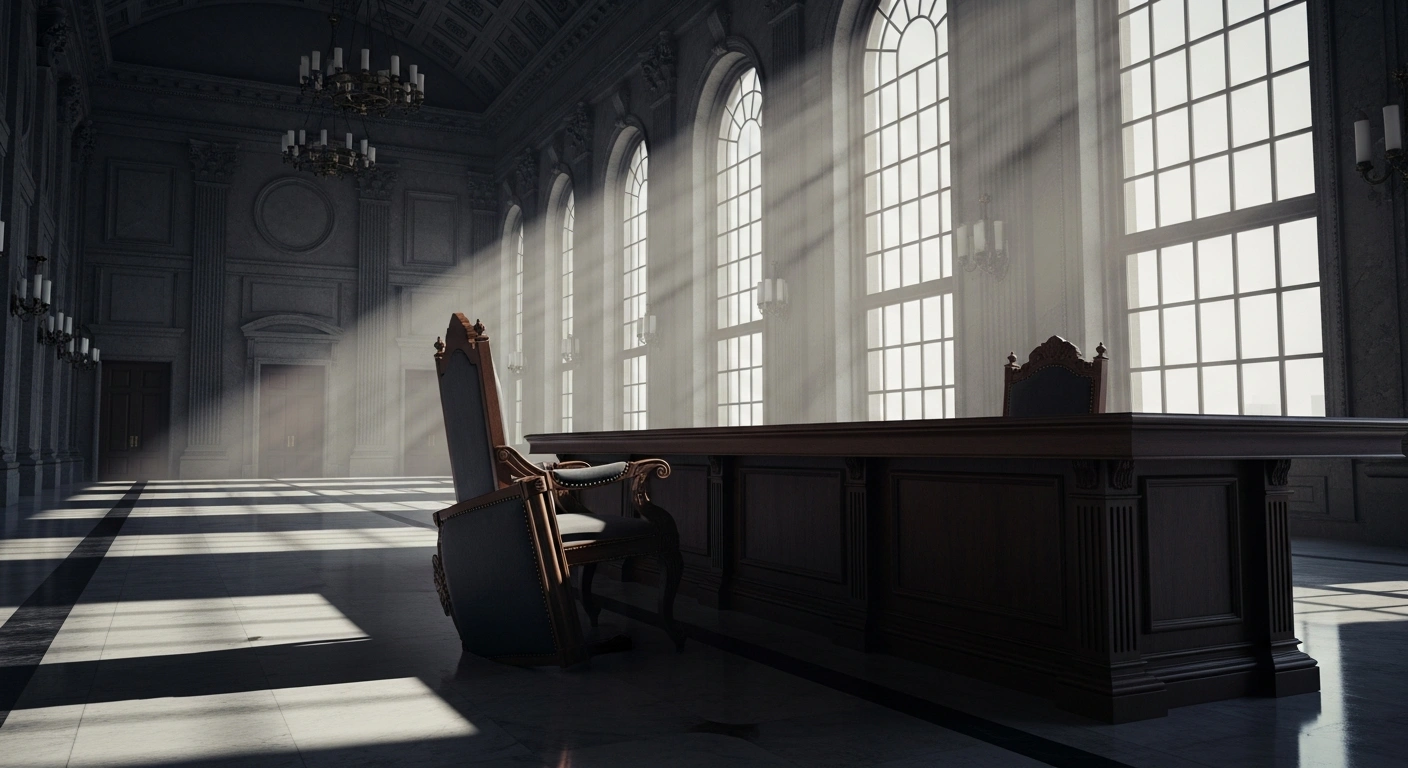 A grand, empty conference hall with two ornate chairs askew at a large, dark wood table, symbolizing the indefinitely postponed Budapest summit for Russia and United States discussions on a peaceful resolution to the Ukraine crisis, which followed the Alaska summit between Presidents Putin and Trump.