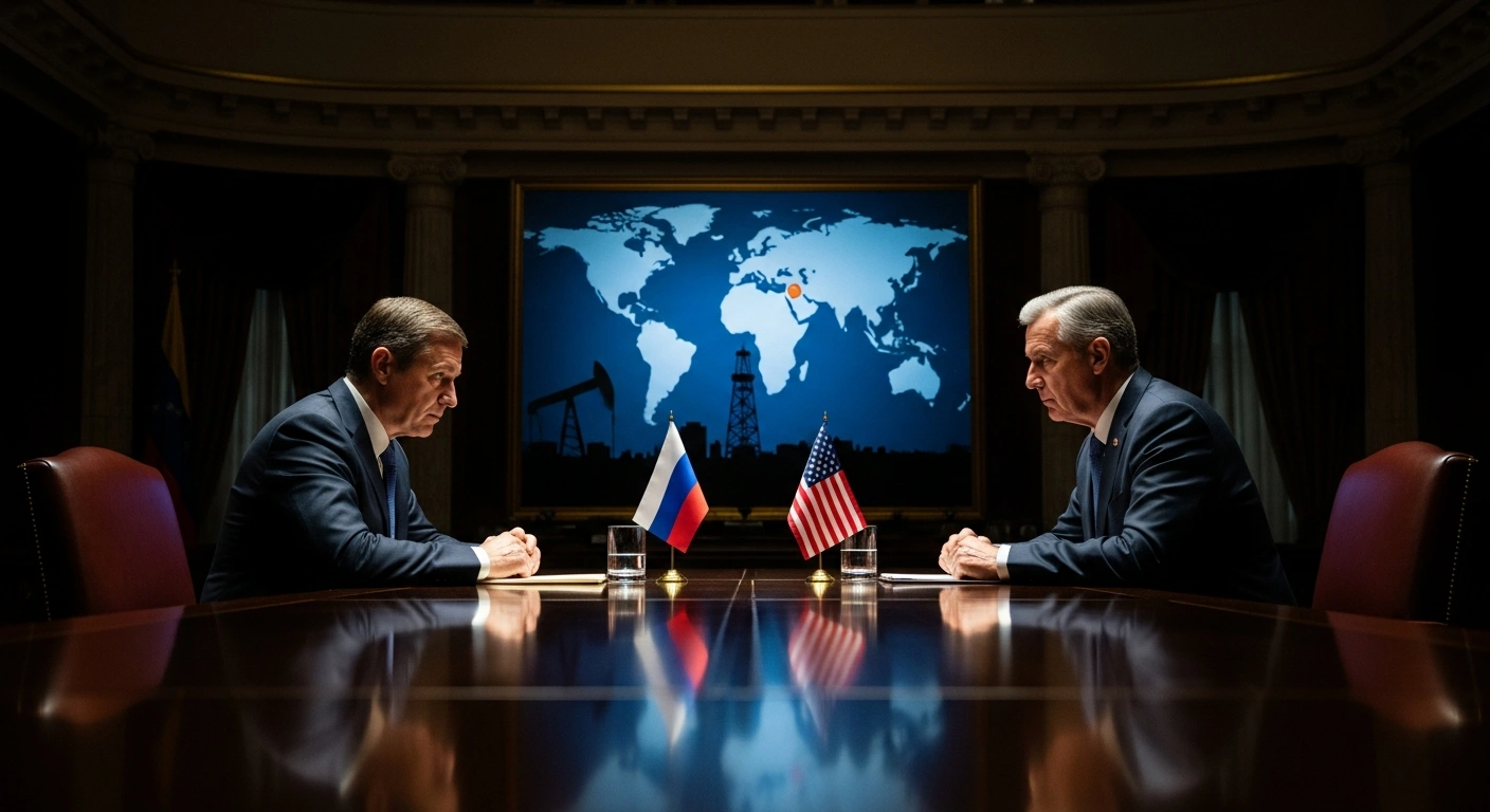 A dramatic, low-angle shot shows two stern figures, one representing Russia and the other the United States, seated across a large conference table in a parliamentary chamber, discussing the Venezuelan issue and oil cooperation following the capture of former Venezuelan President Nicolás Maduro.
