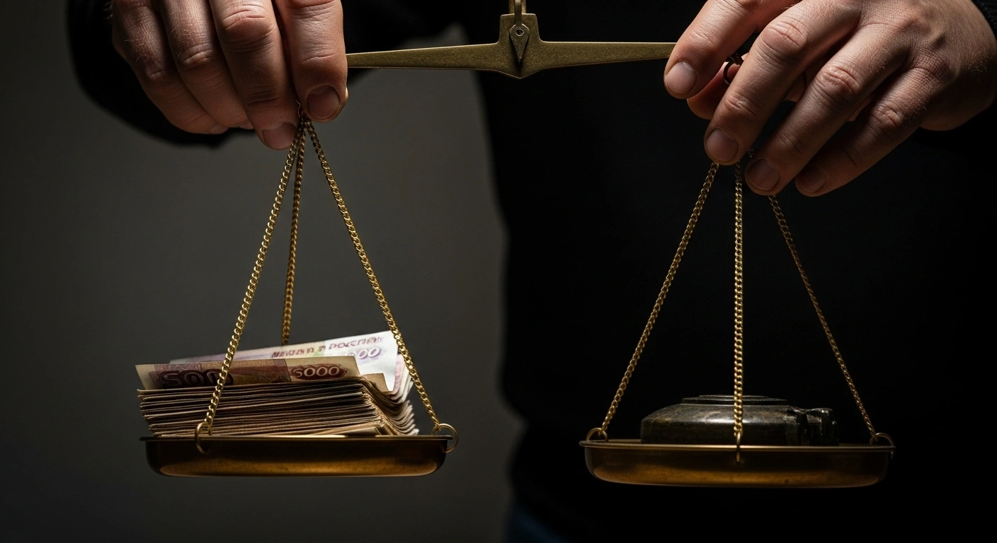 A weathered hand places Russian ruble banknotes onto one pan of an antique balance scale, with the other pan heavily weighted by a dark, metallic object, depicting the financial burden of increased VAT to fund Russia's rising defense and security expenditures.