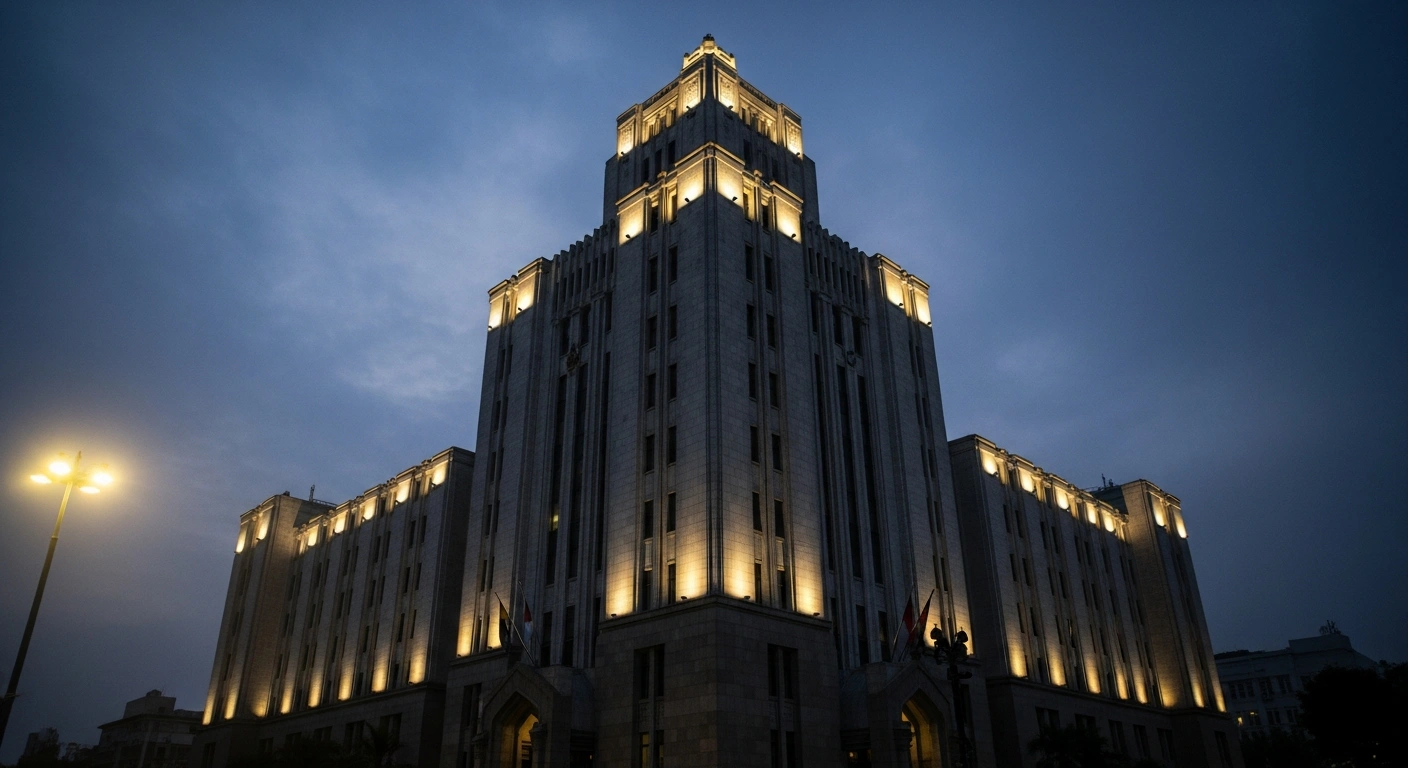 A grand, imposing Russian embassy building in Caracas, Venezuela, illuminated at dusk, symbolizing diplomatic presence amidst regional tensions.
