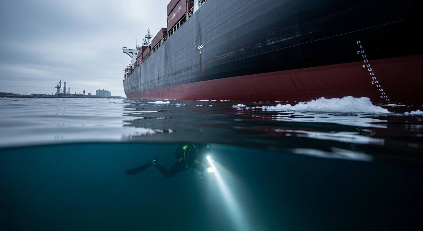A large foreign cargo vessel's hull is partially submerged in murky water, with an underwater inspection diver or robotic arm examining its underside, set against the backdrop of a Russian port under a gray sky, illustrating Russia's new regulations requiring FSB clearance and mandatory underwater inspections for foreign vessels entering its ports.