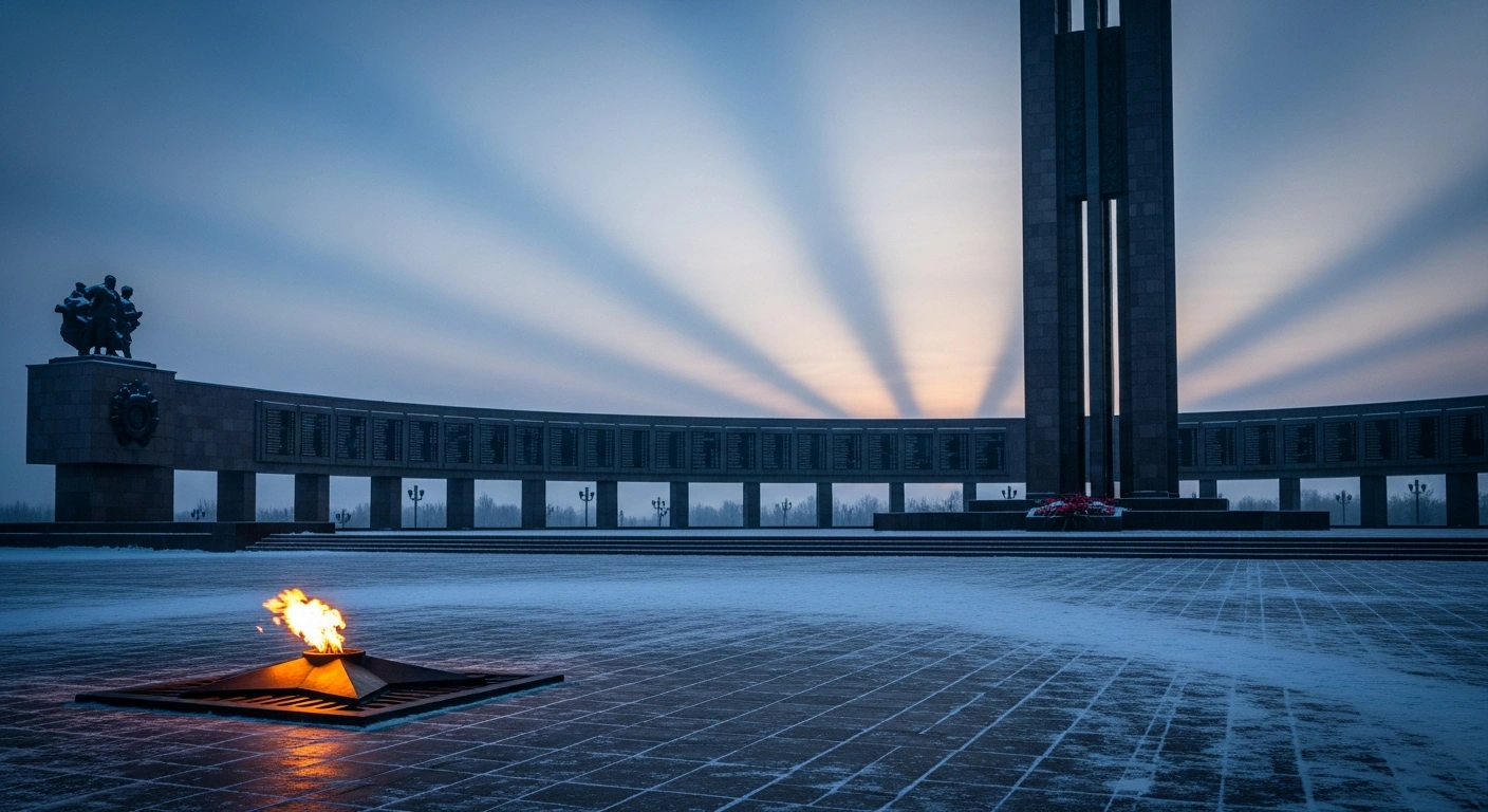 A quiet, snow-covered memorial square in Russia features an eternal flame burning during a declared two-day ceasefire for the 81st anniversary of the Soviet victory in World War II.