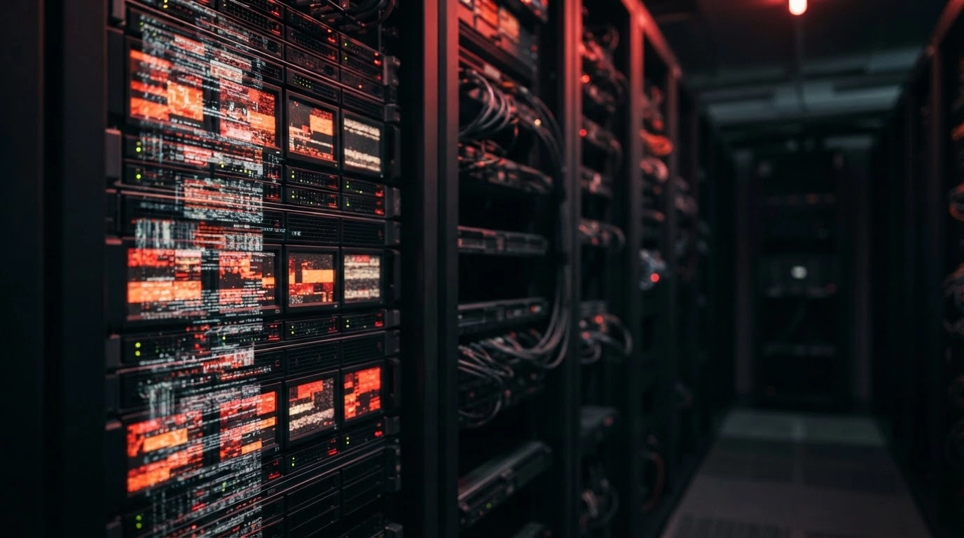 A dark server room with flickering red lights illustrates the cyberattacks and sabotage targeting Russia's online voting infrastructure.