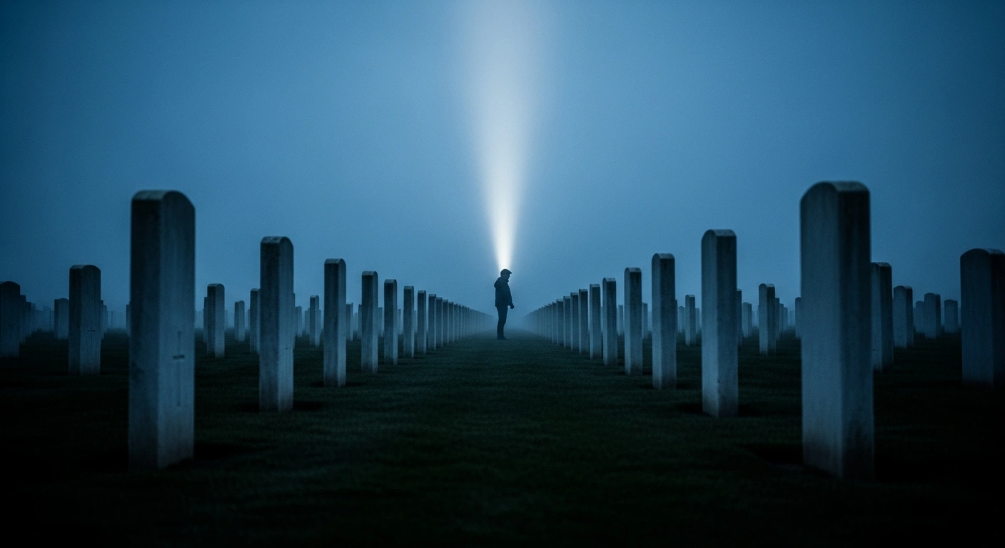 A lone individual stands in a Russian military cemetery while being monitored by authorities for documenting war graves.
