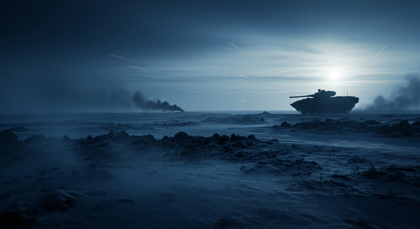 A heavy military vehicle stands in a desolate, snow-covered landscape as a symbol of the Russian Federation's warning against foreign military deployment in Ukraine.