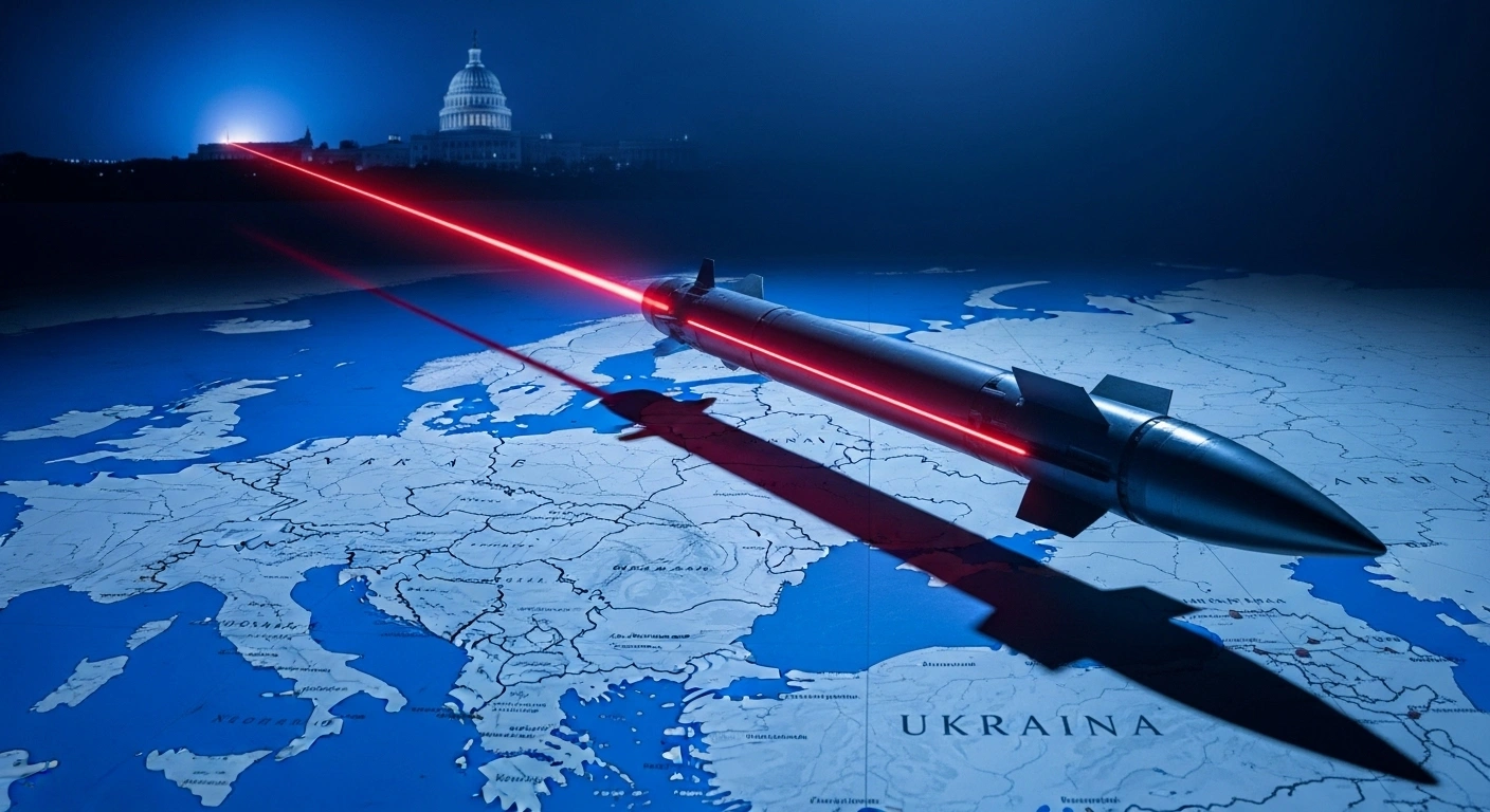 A photorealistic image depicts the ominous shadow of a sleek cruise missile cast over a map of Eastern Europe, specifically Ukraine, with a red laser tracing a path towards a distant, blurred silhouette of the US Capitol building, symbolizing Russia's stern warning to the United States regarding potential Tomahawk missile transfers to Ukraine and the serious consequences for the conflict.