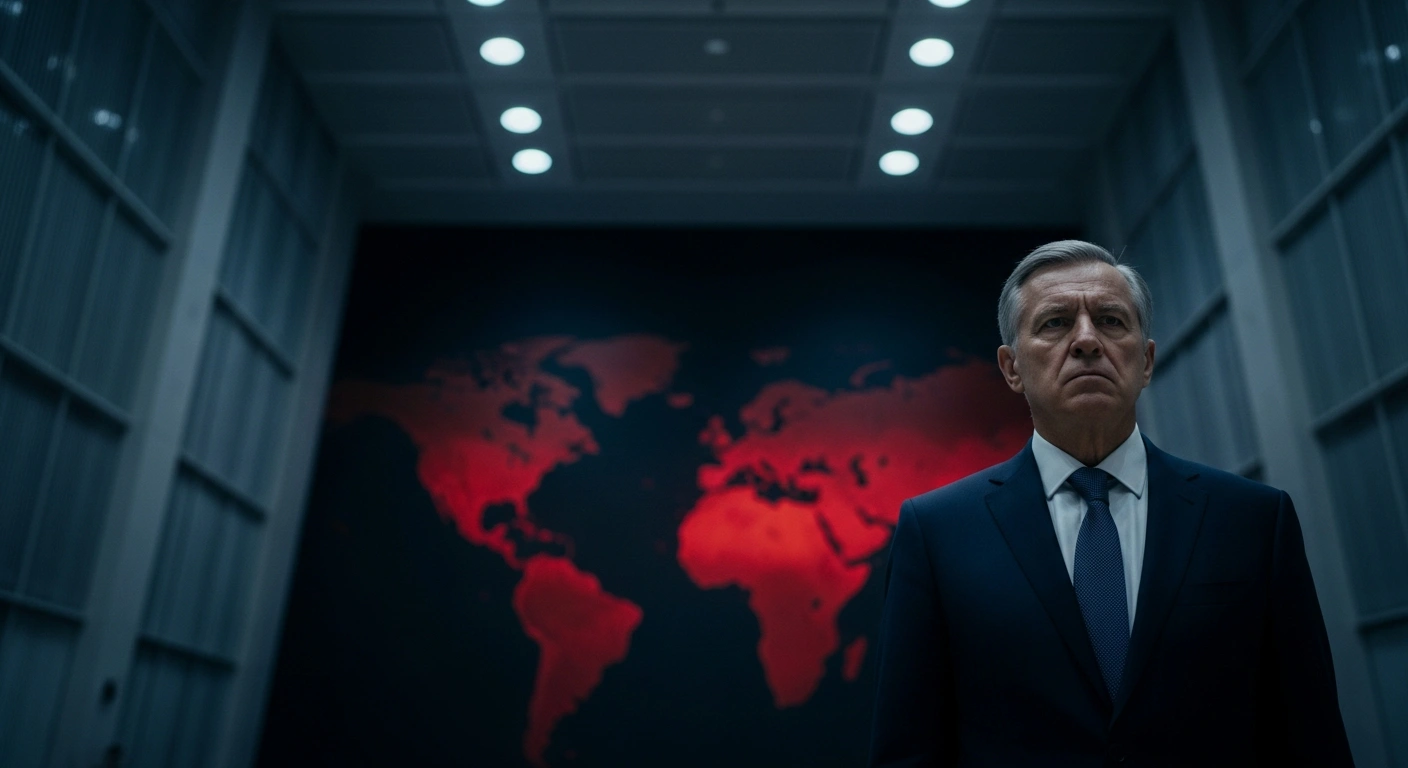 A stern Russian diplomat stands in a dimly lit room with a global map in the background, symbolizing the rising tensions of a potential military confrontation between Russia and Western nations.