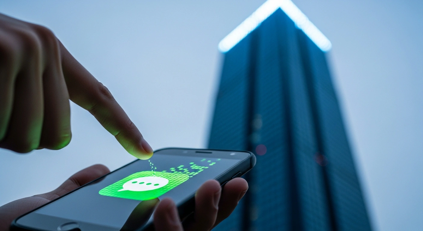 A hand touches a smartphone screen displaying a fading, pixelated WhatsApp icon, symbolizing its blocking in Russia, while a towering, monolithic digital structure representing the state-backed 'superapp' Max looms in the background under cold blue light, suggesting surveillance.