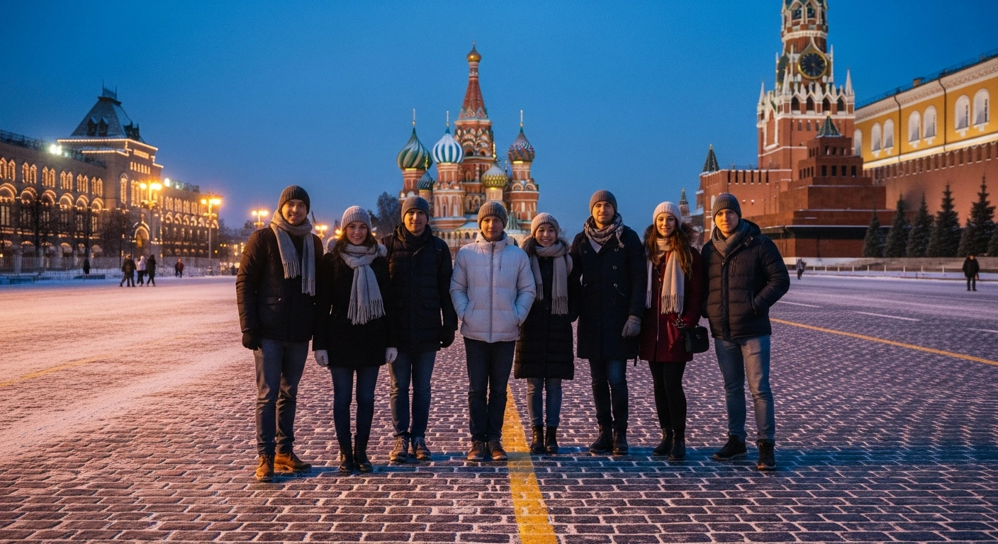 A group of international tourists explores a snow-covered square in Russia during a successful winter tourism season.