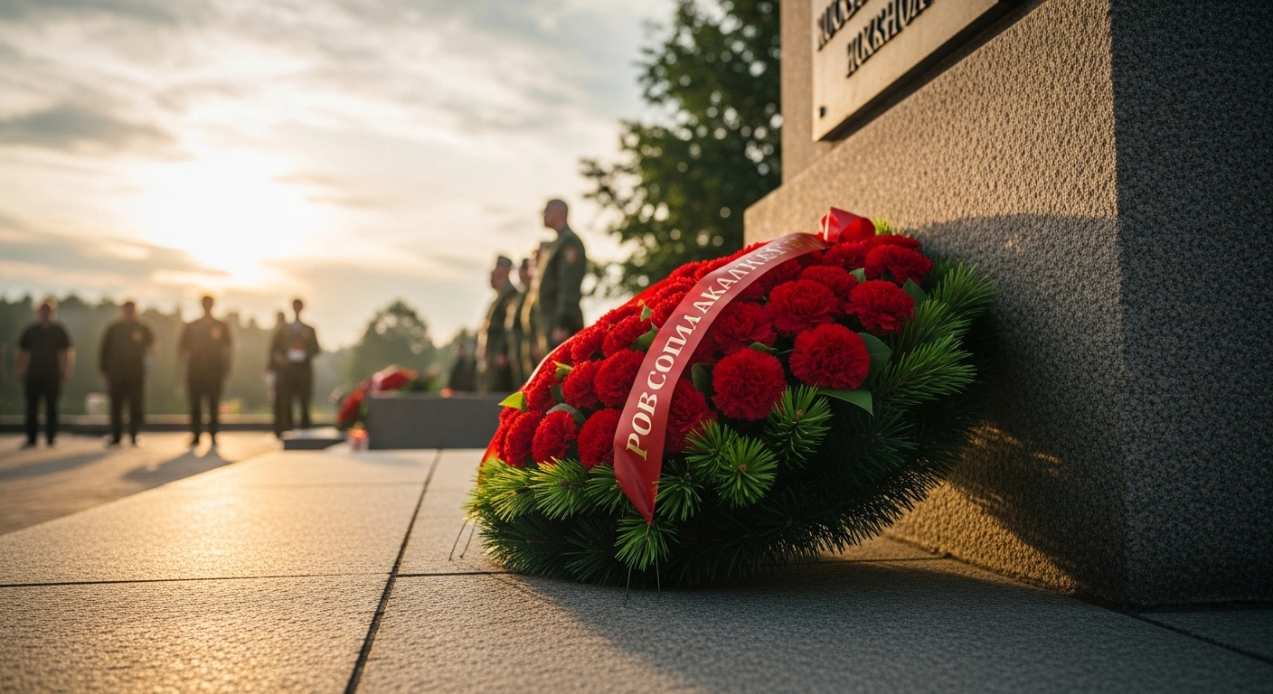 A solemn wreath-laying ceremony takes place at a stone memorial in Russia to honor the victims of World War I.