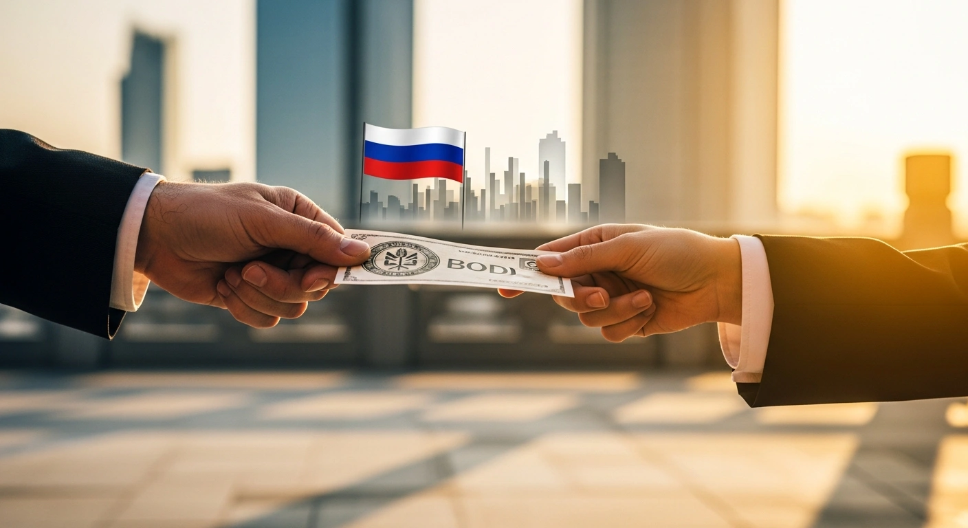 A close-up image depicts two hands, one representing Russia and the other China, engaged in a symbolic exchange of a stylized bond certificate, illustrating the Russian Finance Ministry's plan to issue Chinese yuan-denominated government bonds in December to address its budget deficit and strengthen trade relations with Asian partners.