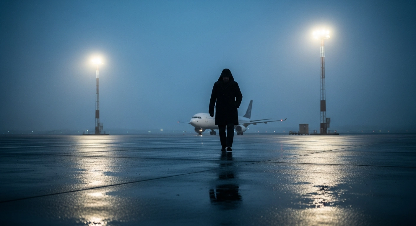 A lone Russian activist walks across a dark airport tarmac under security lights after being deported from Turkey to Moscow.