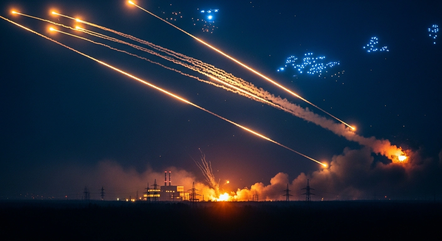 Ukrainian air defenses fire tracer rounds at night to intercept a massive wave of Russian drones and missiles targeting energy infrastructure.