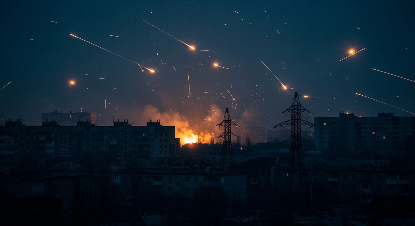 A dark cityscape in Ukraine is illuminated by explosions and interceptor missiles during a widespread aerial campaign by Russian forces.
