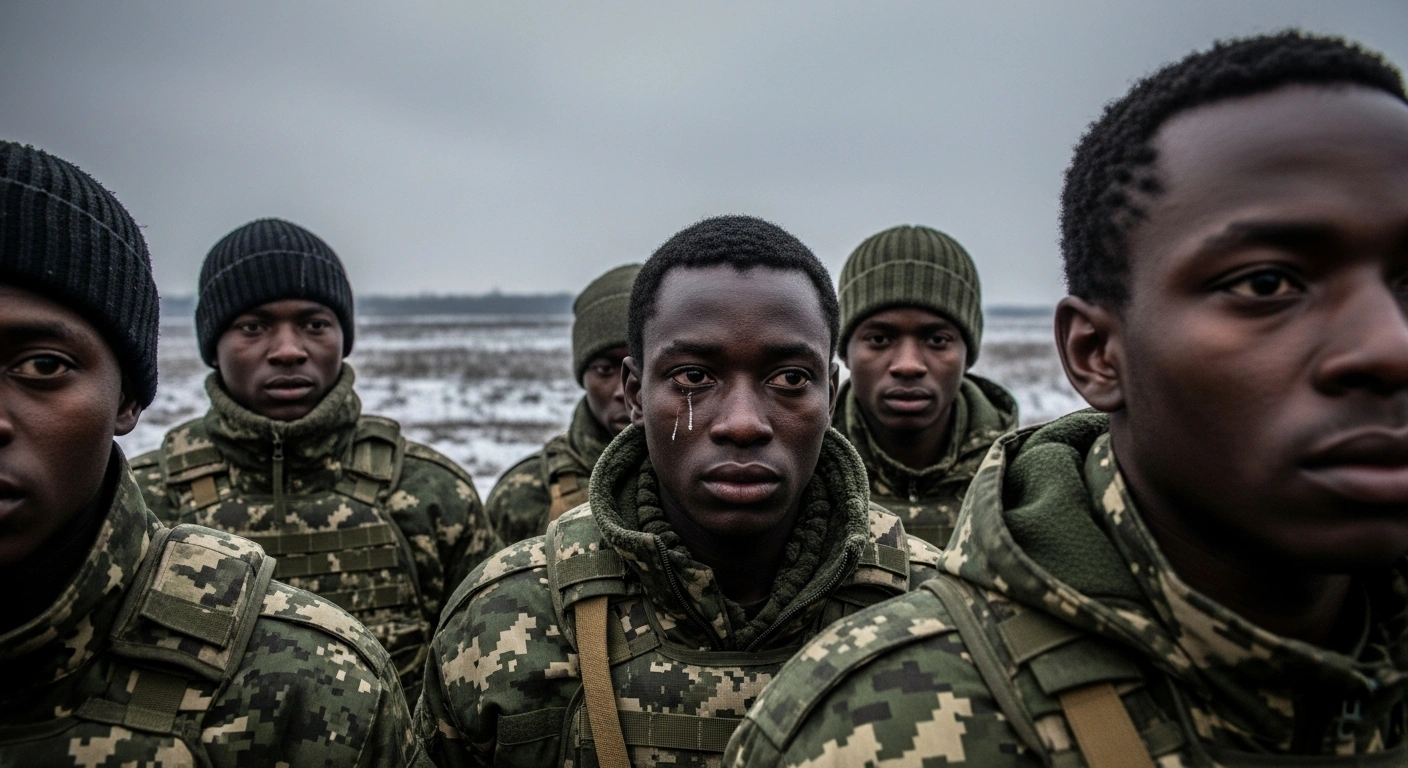 A group of weary African men, recruited by Russia with promises of high salaries and expedited citizenship, stand in military uniforms on a desolate, snow-dusted Ukrainian front line under an overcast sky, reflecting the high casualty rates and deception they face.
