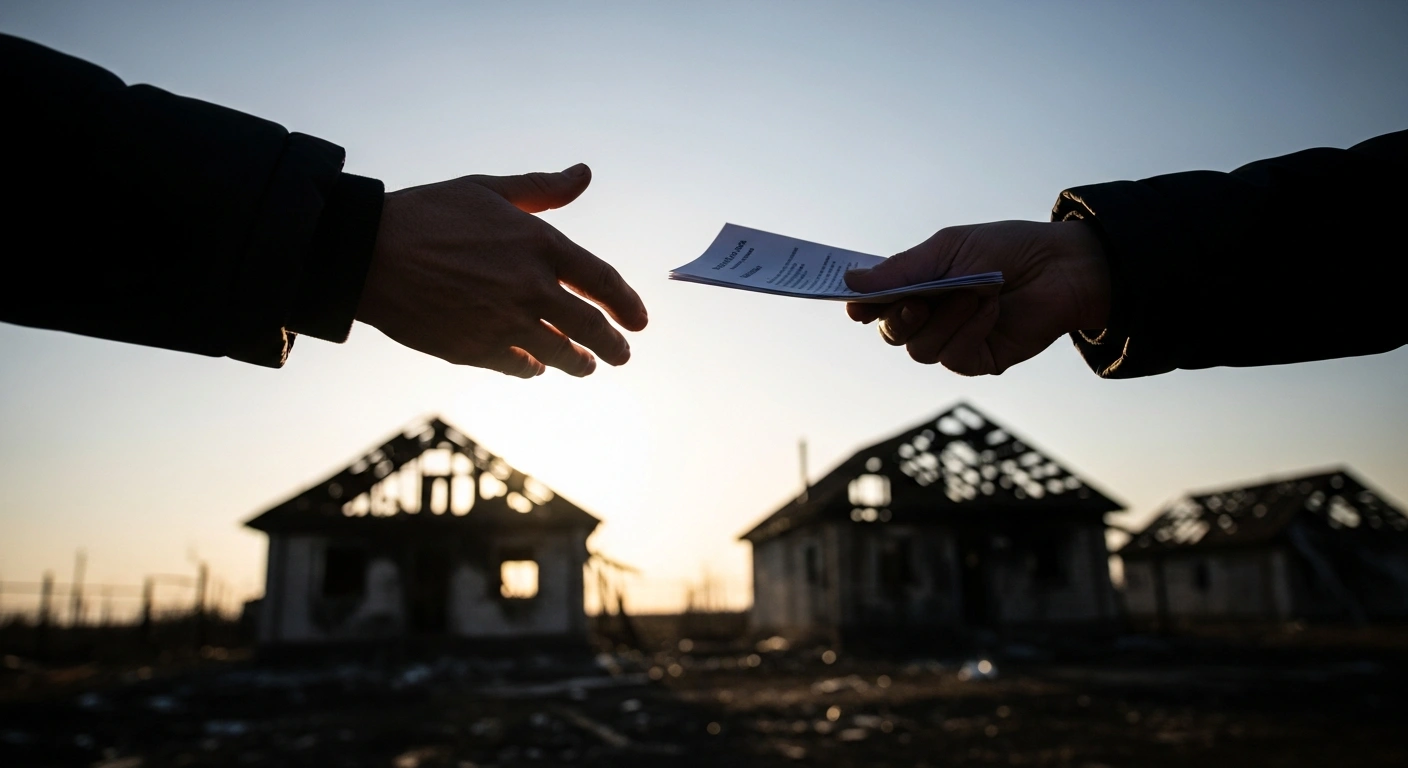 A close-up shot shows a weathered hand receiving a document, symbolizing the two billion rubles allocated by the Russian government to the Belgorod Region to support residents who lost their homes, with partially damaged buildings visible in the background under a hopeful sky.