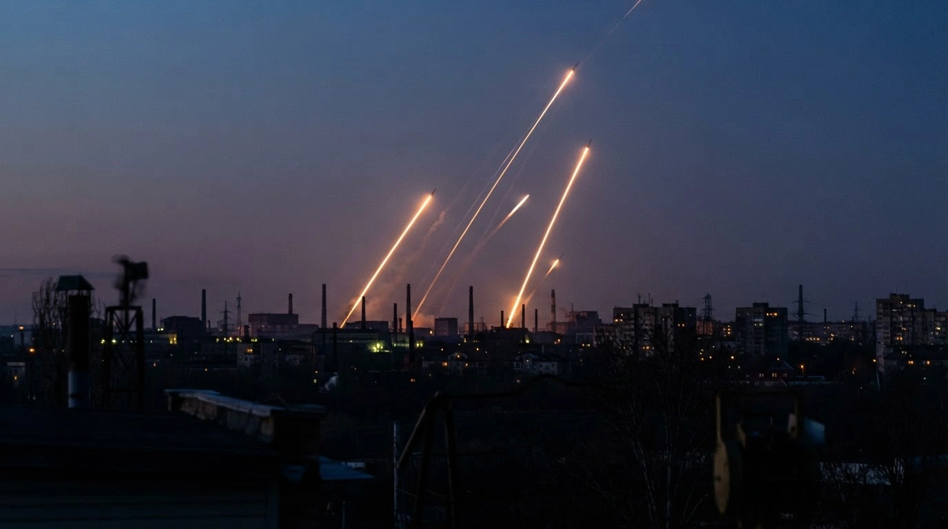 Russian air defense systems launch missiles into the night sky to intercept incoming drones during the presidential election period.