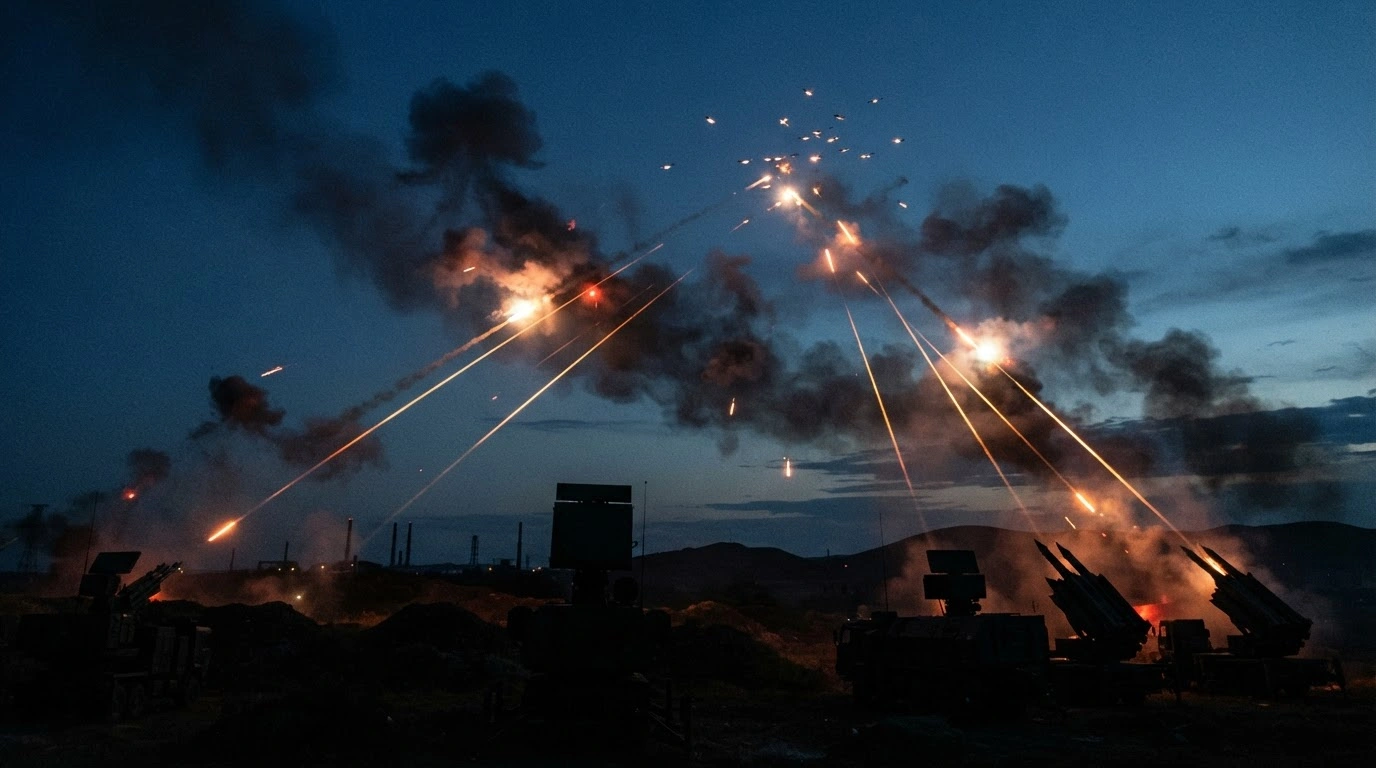 Russian air defense systems fire missiles into the night sky to intercept a large swarm of unmanned aerial vehicles over a rural landscape.