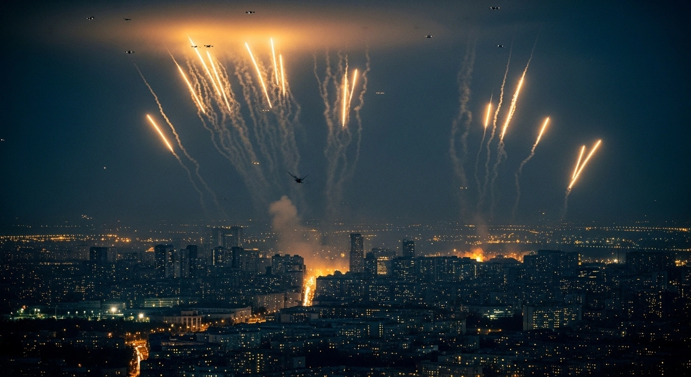 A dramatic night scene shows Russian air defense systems firing streaks of light into the sky over a city, intercepting multiple Ukrainian drones, reflecting the overnight attacks on Moscow and southwestern regions.