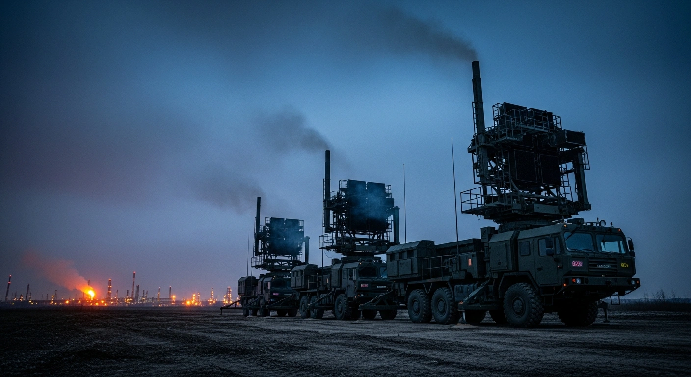 A Russian mobile air defense system stands guard near industrial energy infrastructure to protect against potential aerial drone threats.