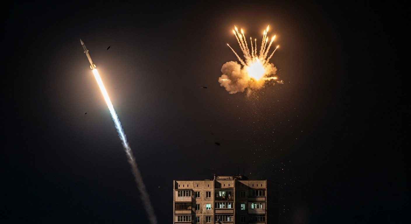 A dramatic night scene in Voronezh shows a Russian air defense missile intercepting an incoming ATACMS missile high in the sky, with fiery explosions and falling debris causing minor damage to a civilian apartment building below.