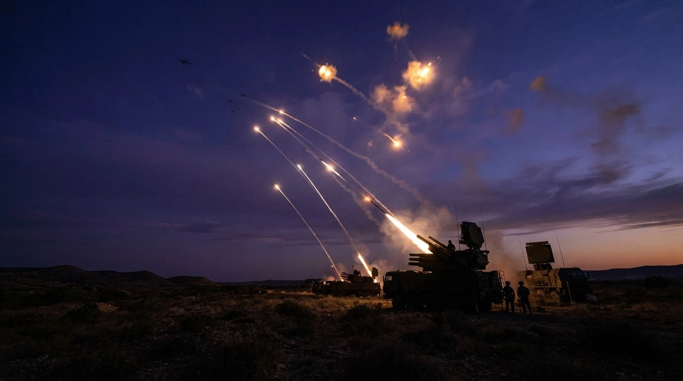 A Russian air defense system fires missiles into the night sky to intercept and destroy multiple Ukrainian fixed-wing drones over a vast territory.