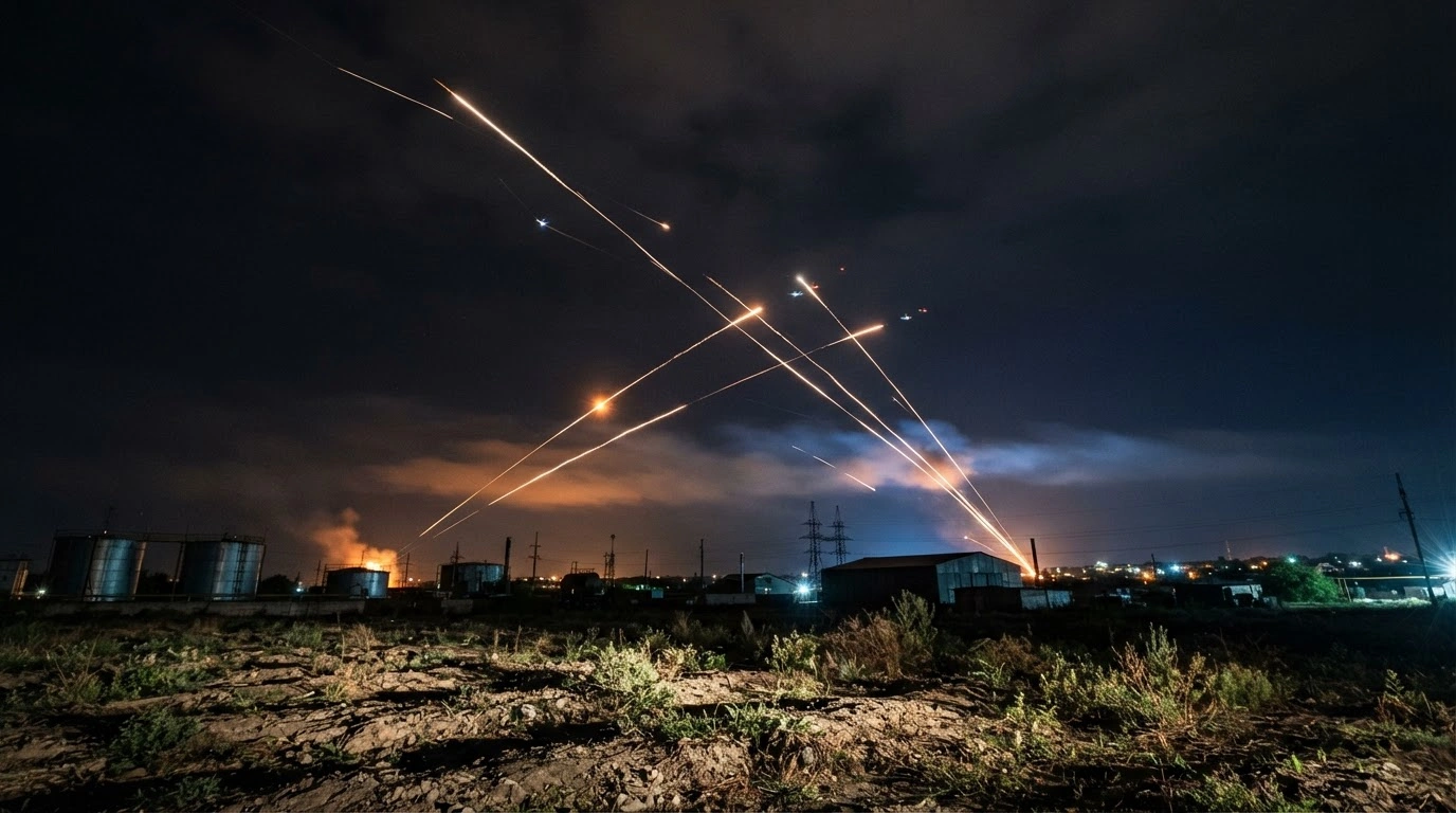 Russian air defense systems fire missiles into the night sky to intercept multiple Ukrainian drones over the Rostov region.