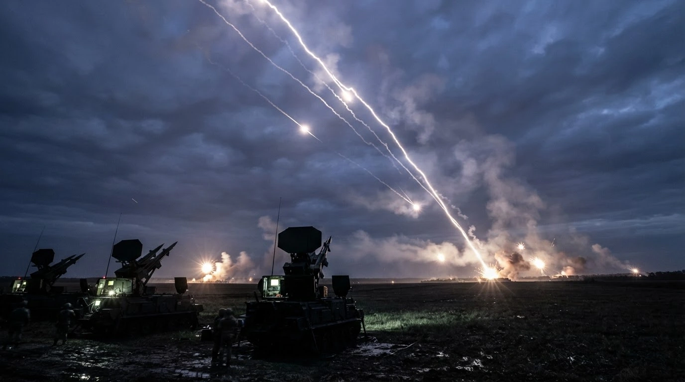 Russian air defense systems launch missiles into the night sky to intercept a large swarm of Ukrainian drones across multiple regions.