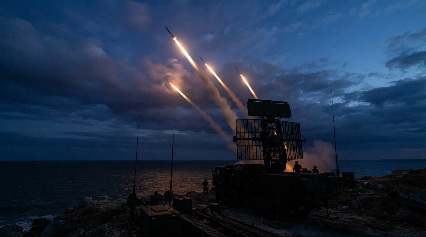 A Russian air defense system fires interceptor missiles into the night sky to neutralize incoming drones over the Black Sea.