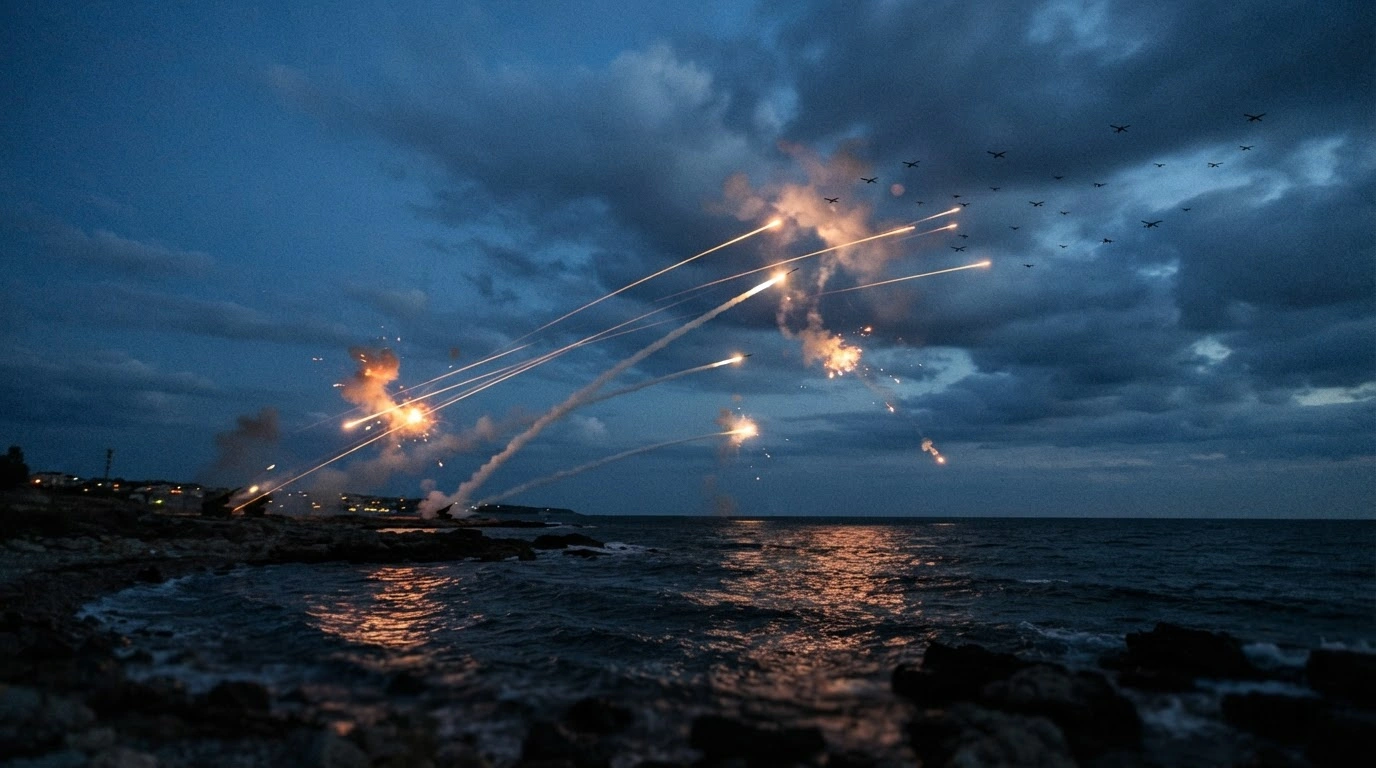 Russian air defense systems fire interceptor missiles at night to destroy a swarm of Ukrainian drones over the Black Sea.