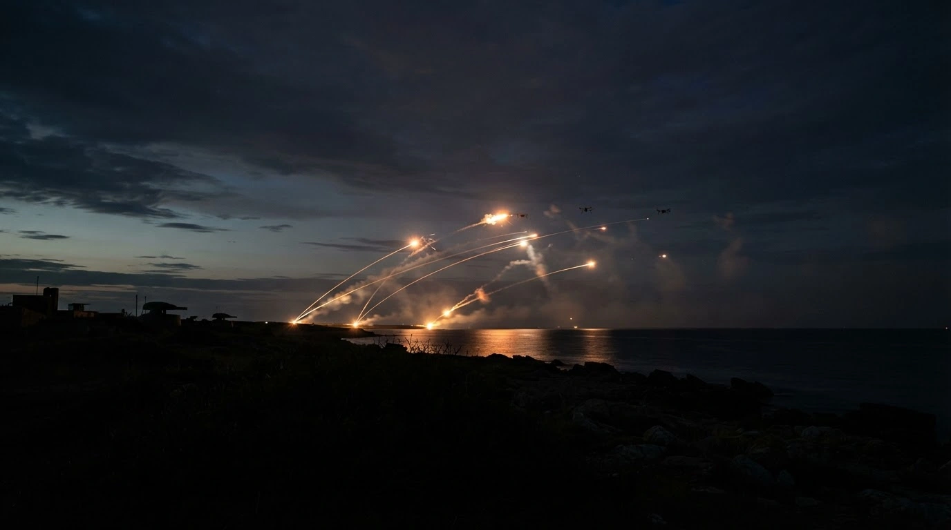 Russian air defense systems fire interceptor missiles into the night sky to engage a swarm of Ukrainian drones over a coastal region.