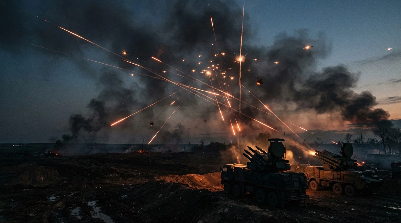 Russian air defense systems fire missiles into the night sky to intercept a swarm of Ukrainian unmanned aerial vehicles during an intense military conflict.