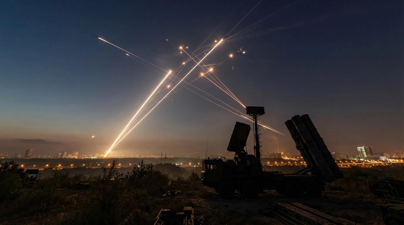Russian air defense systems fire interceptor missiles into the night sky to neutralize a large-scale drone attack near Moscow.