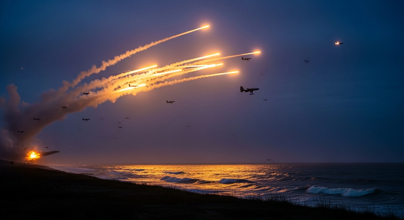 Russian air defense systems fire interceptor missiles into the night sky to neutralize multiple Ukrainian drones over a coastal region.