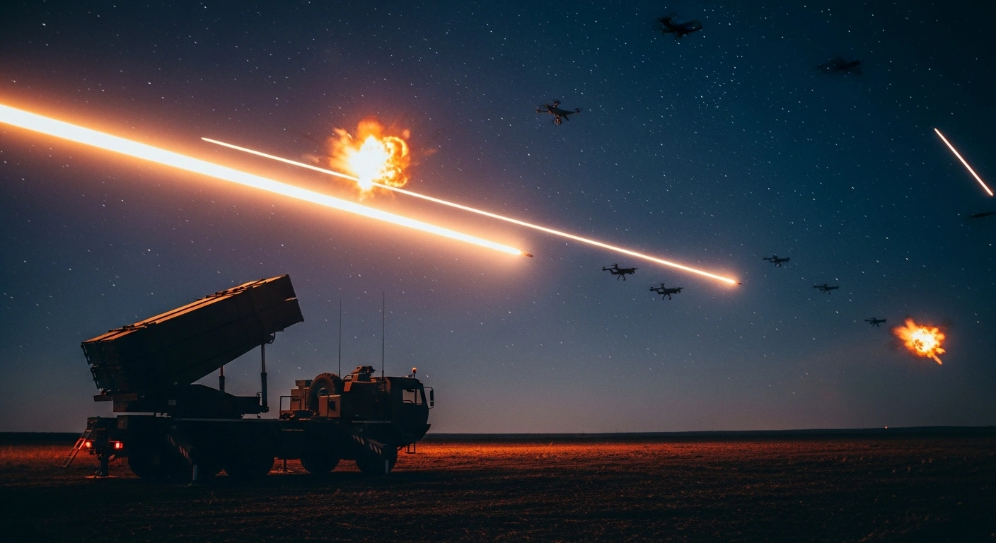 A Russian air defense system fires interceptor missiles into the night sky to neutralize multiple incoming Ukrainian drones.