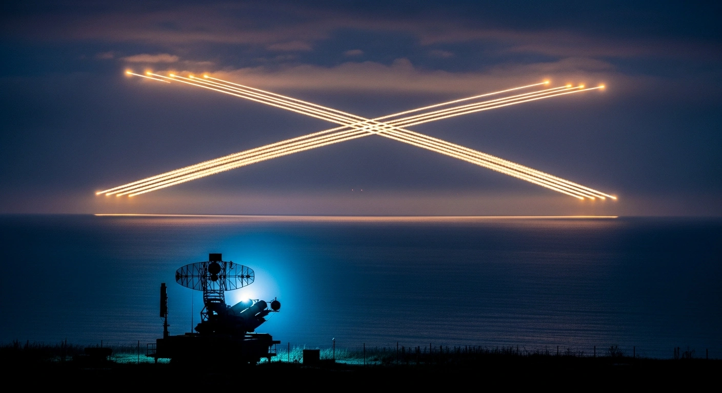 Russian air defense systems fire interceptor missiles into the night sky to neutralize multiple incoming drones over a coastal region.