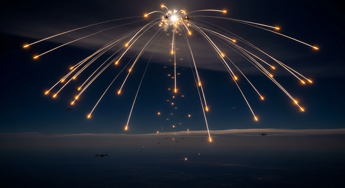 Russian air defense systems fire interceptor missiles into the night sky to engage a large swarm of incoming drones.